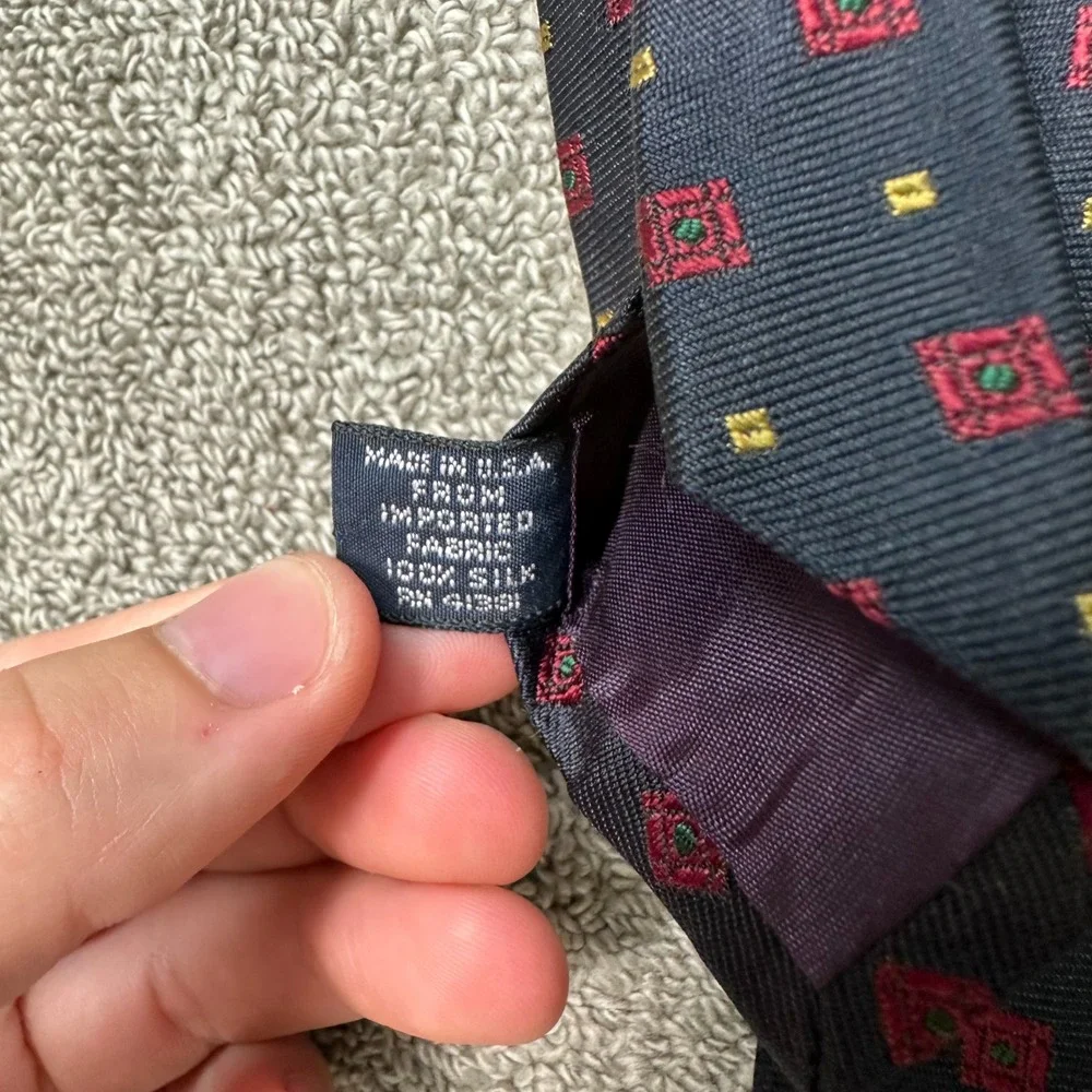 Polo Ralph Lauren Silk Tie Navy Blue Red Gold Geometric Medallion Hand Made